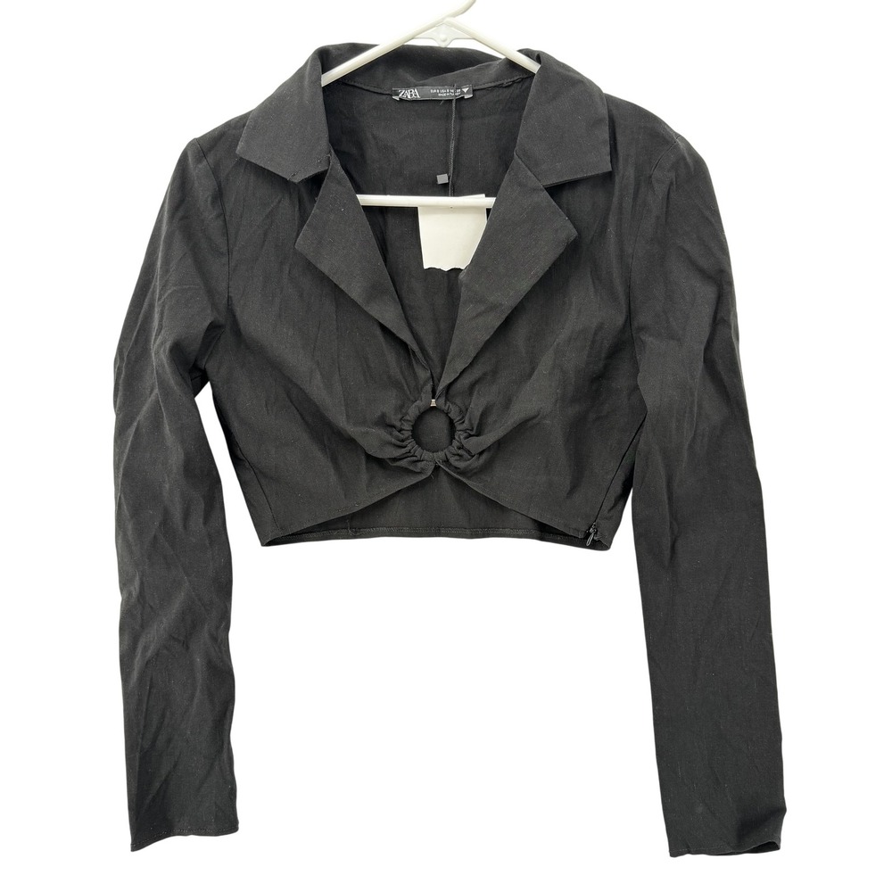 Zara Top‎ Womens Small Black Cropped Ring Cutout Long Sleeve Collared NWT
